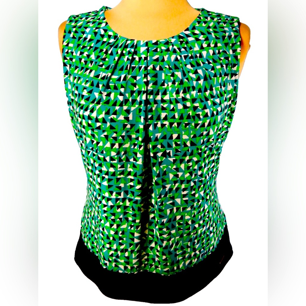 Calvin Klein Top Green/Teal/Black Bordered Pleated Neck Sleeveless EUC Size Sm - Picture 4 of 13